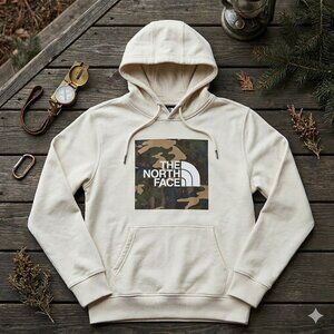 The North Face Mens XS Evolution Box Camo Logo Hoodie Cream Gravel Pullover